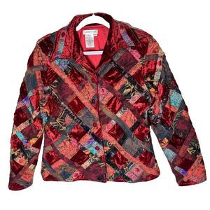Coldwater Velvet‎ Patchwork Jacket Sz M Petite Red Quilted Cottage Blazer Dressy